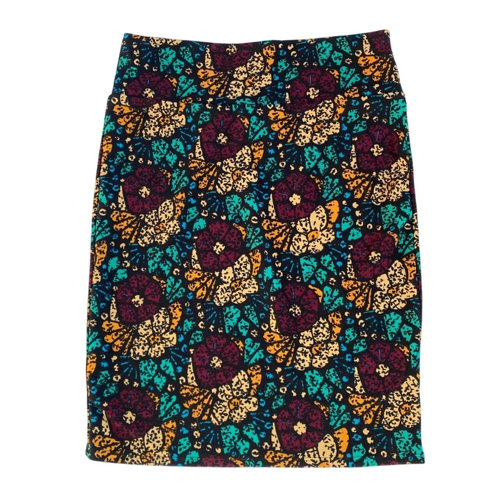 LuLaRoe Pencil Skirt Size L Black‎ Floral Print Stretch Comfortable Women's